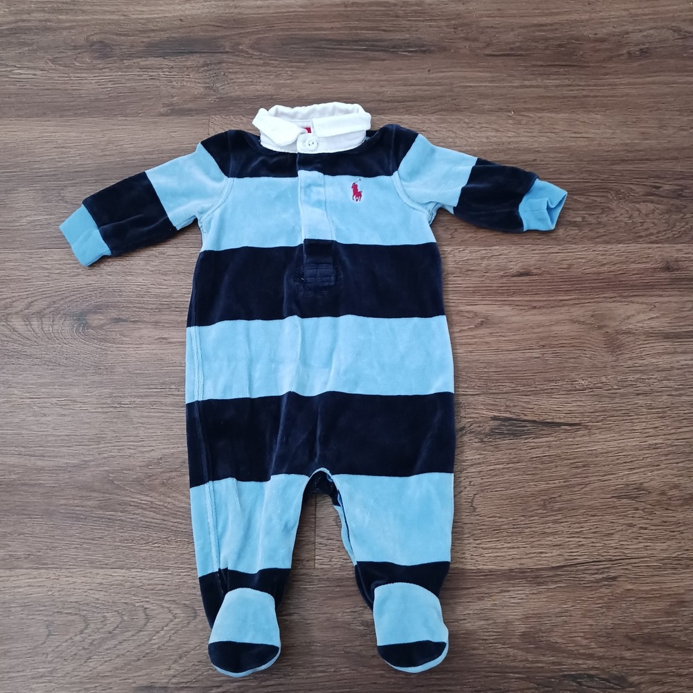 Ralph Lauren Baby Boys Blue Striped Velour Footed Coverall Romper 3M